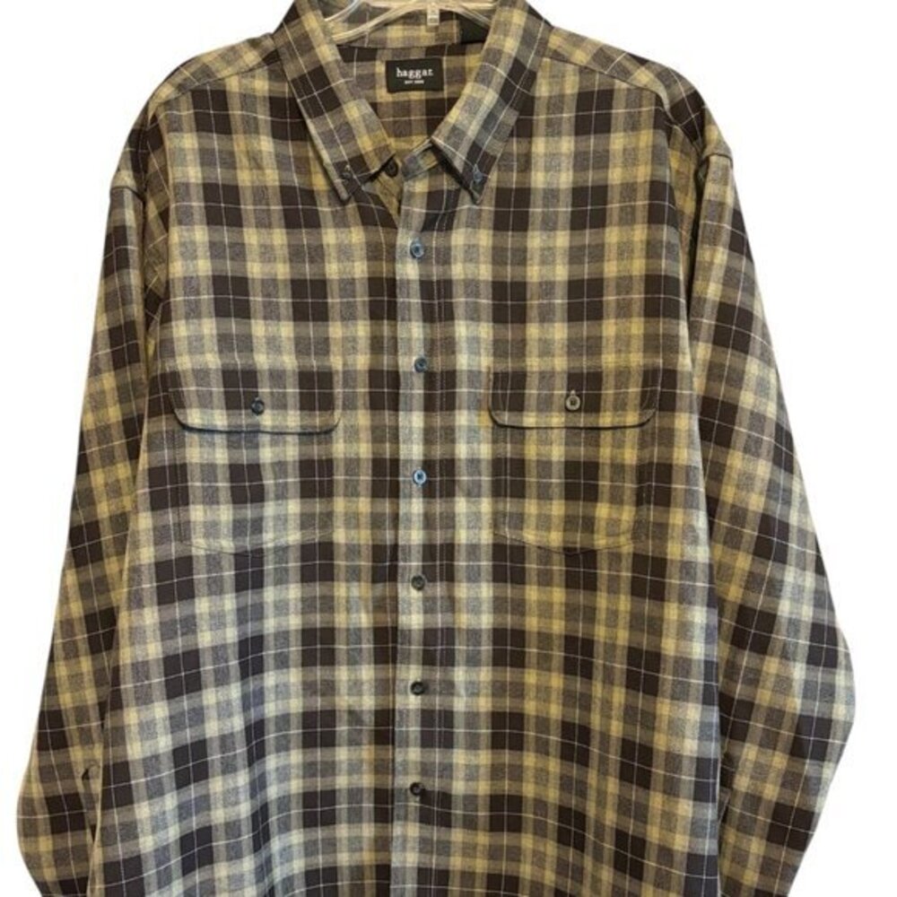 Haggar Men’s Brown & Tan Plaid Woven Long Sleeve Dress Shirt Office Casual XXL